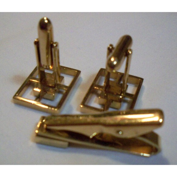 Lamode Karatclad Marbled Jade Square Stone Cufflinks Tie Clip Gold Tone Frame - Picture 4 of 7